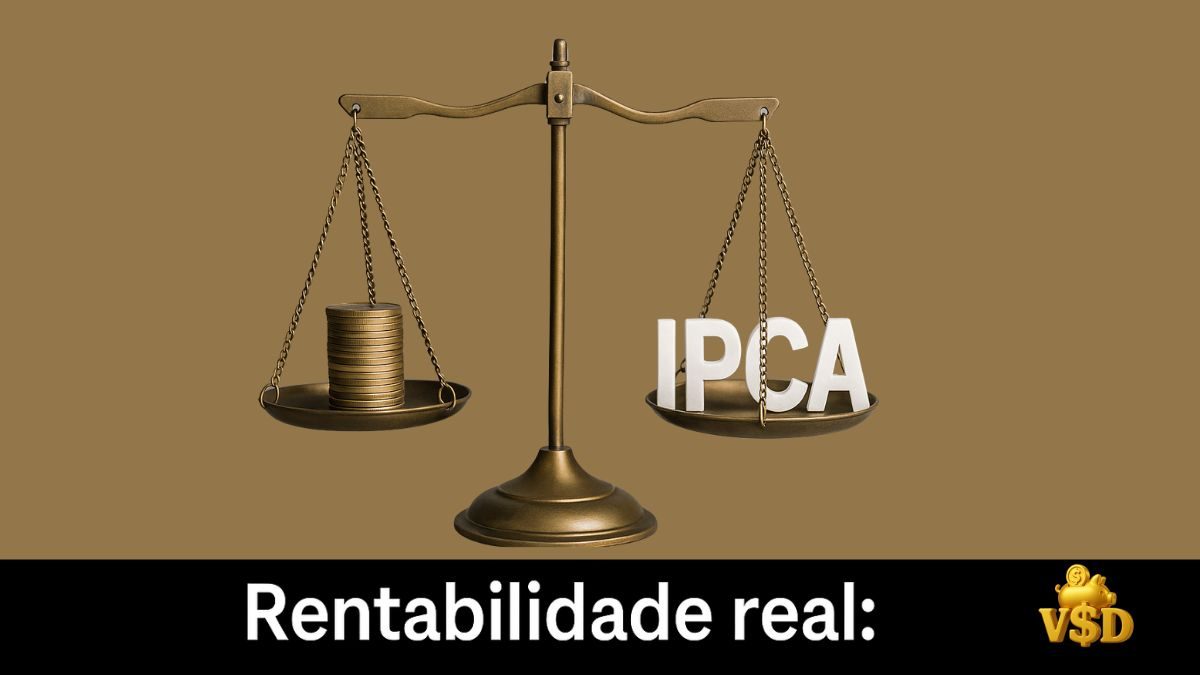 Balança equilibrando rendimento e inflação, representando o cálculo da rentabilidade real. Balança equilibrando rendimento e inflação, representando o cálculo da rentabilidade real.