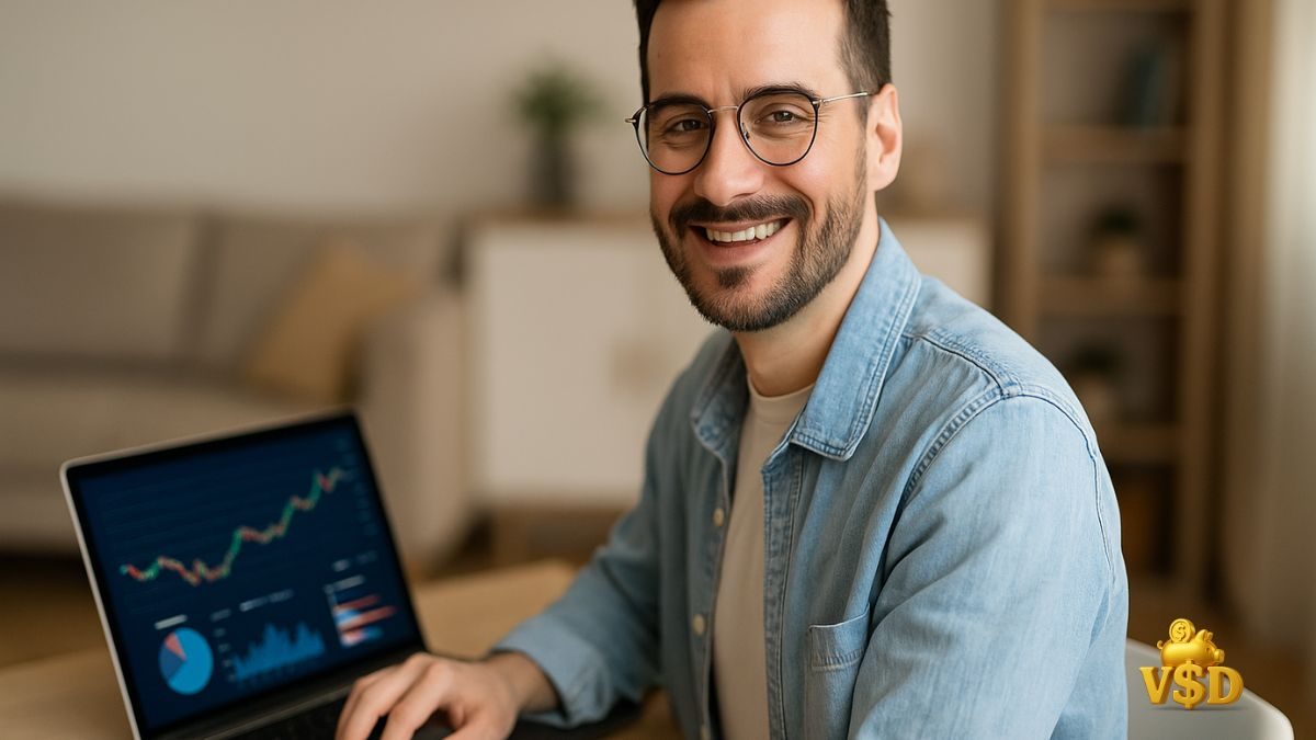 Pessoa sorridente usando notebook com gráficos de investimentos, simbolizando confiança ao abrir conta em corretora em 2025. Pessoa sorridente usando notebook com gráficos de investimentos, simbolizando confiança ao abrir conta em corretora em 2025.