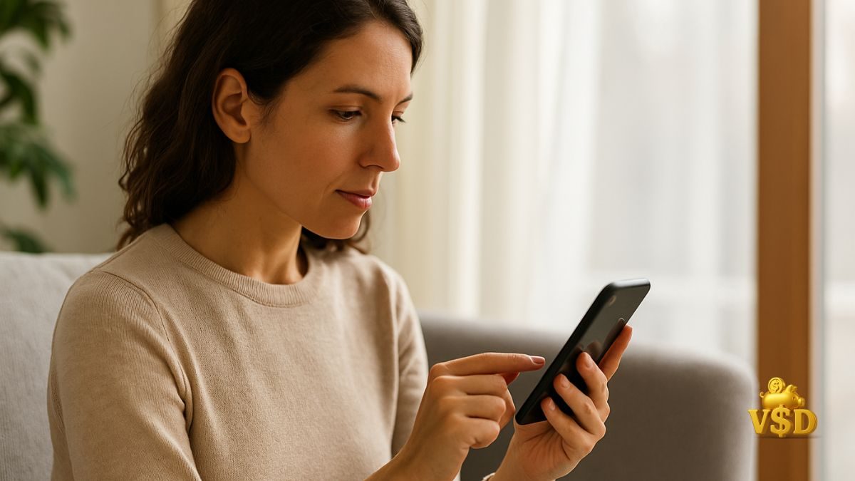acompanhando-taxa-selic-no-celular mulher mexendo no celular com gráfico de juros na tela e expressão de atenção