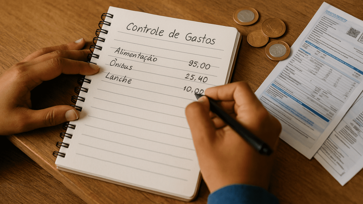 anotando-gastos-em-caderno.jpg Mão feminina escrevendo à mão em um caderno de controle financeiro simples, com algumas moedas e contas ao lado.