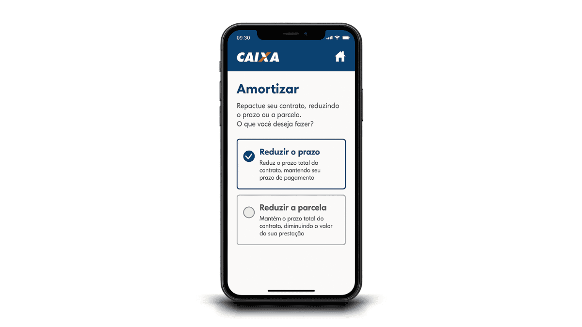 app-caixa-amortizacao-opcoes Tela do app Caixa com opções de amortização por prazo ou parcela