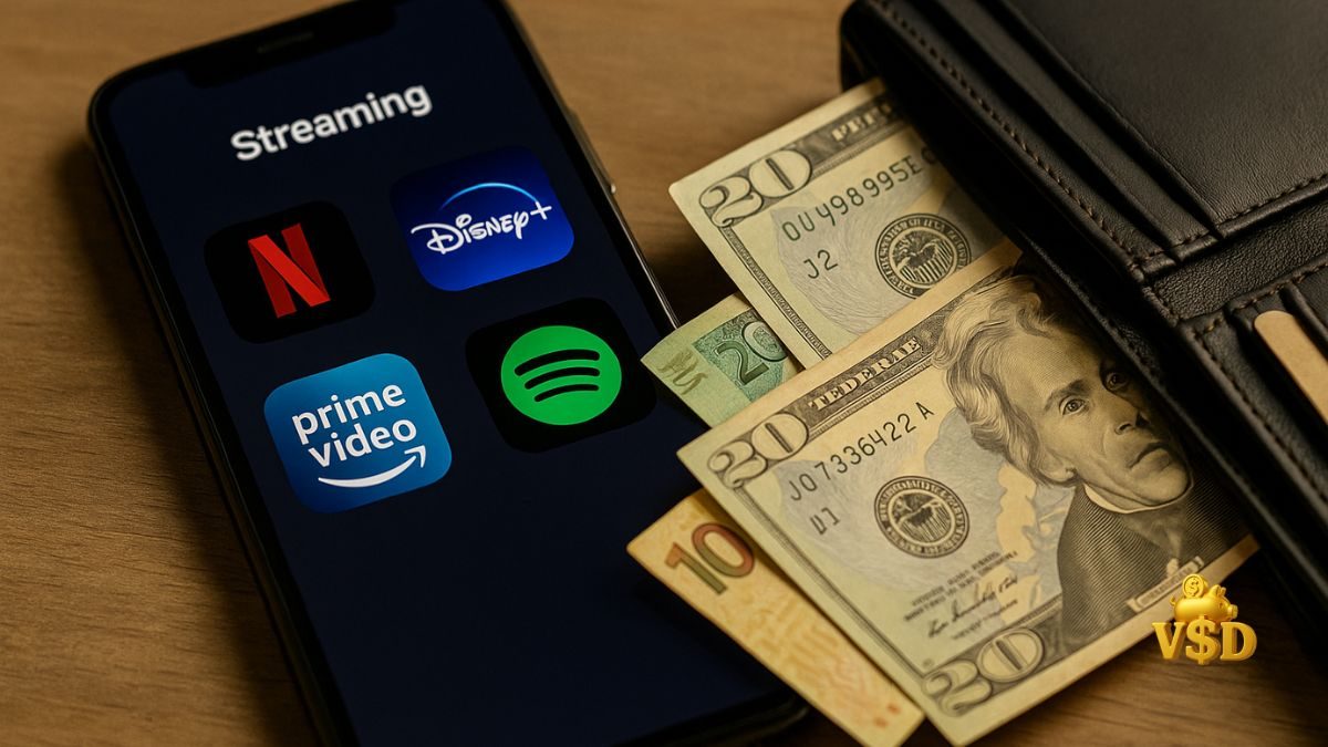 Foto mostrando ícones de serviços de streaming ao lado de uma carteira aberta, simbolizando assinaturas que comprometem o salário.