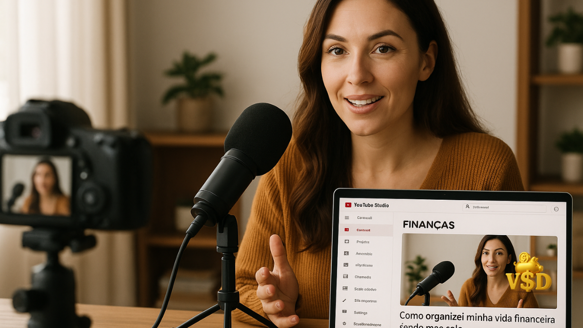 canal-youtube-financas-em-construcao Mulher gravando vídeo para canal de finanças no YouTube, com estrutura simples e conteúdo sobre planejamento financeiro.