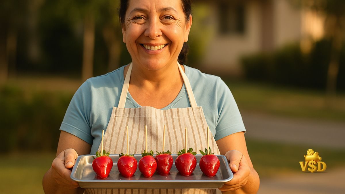 comecar-a-vender-morango-do-amor-hoje Mulher sorridente segurando bandeja de Morangos do Amor prontos para venda, com sensação de conquista e esperança.