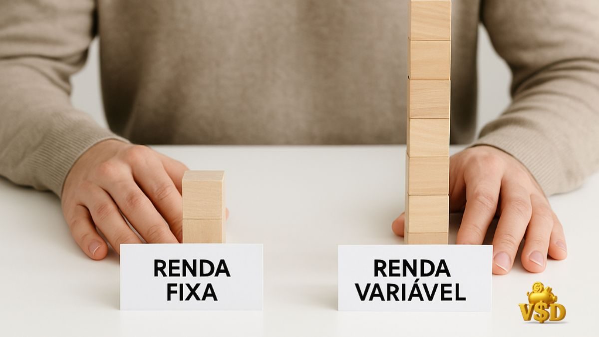 como-escolher-renda-fixa-ou-variavel-2025 Pessoa diante de duas pilhas de blocos representando a escolha entre renda fixa estável e renda variável em crescimento em 2025.