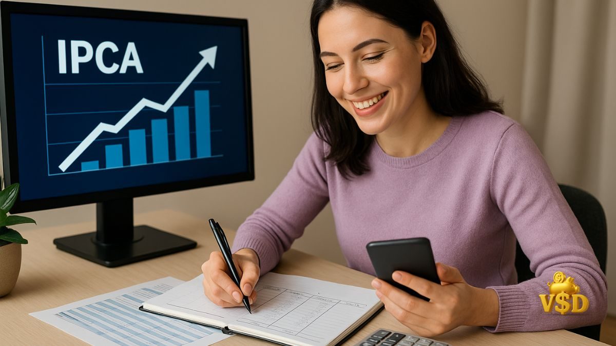 como-se-proteger-da-inflacao Mulher sorrindo, organizando planilha de orçamento com celular e calculadora ao lado de uma tela mostrando o gráfico do IPCA