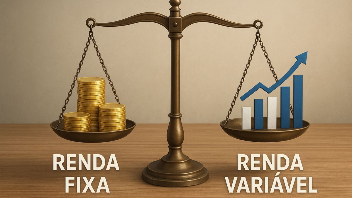 comparacao-renda-fixa-vs-renda-variavel-2025 Balança equilibrando moedas (renda fixa) e gráfico de ações em alta (renda variável), simbolizando a comparação de investimentos em 2025.