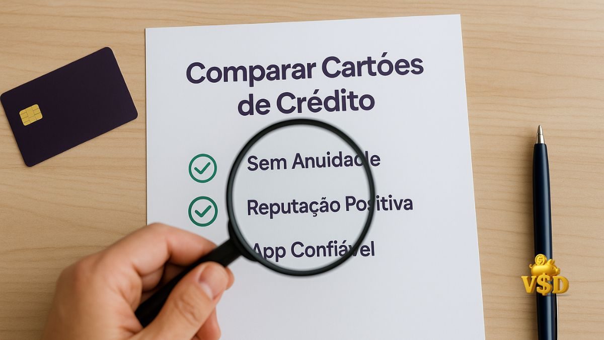comparar-cartoes-de-credito-para-negativado Mão com lupa analisando lista de cartões para negativado com critérios de segurança destacados.