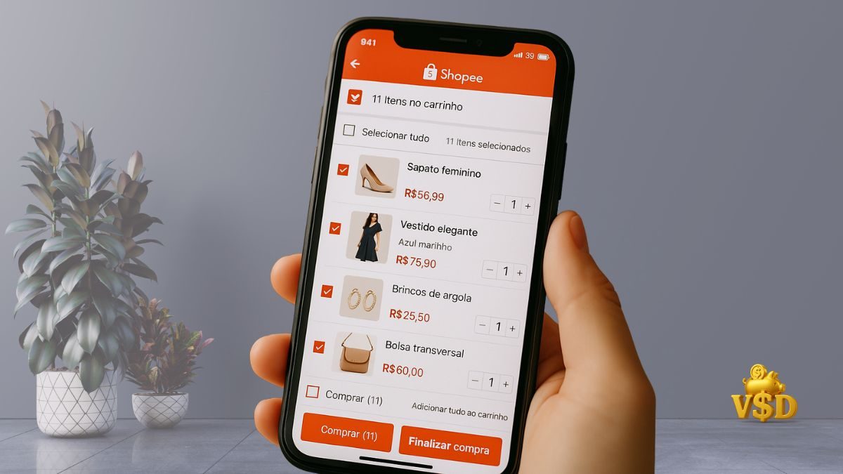 Tela de celular exibindo carrinho da Shopee com vários itens e botão de compra ainda não clicado.