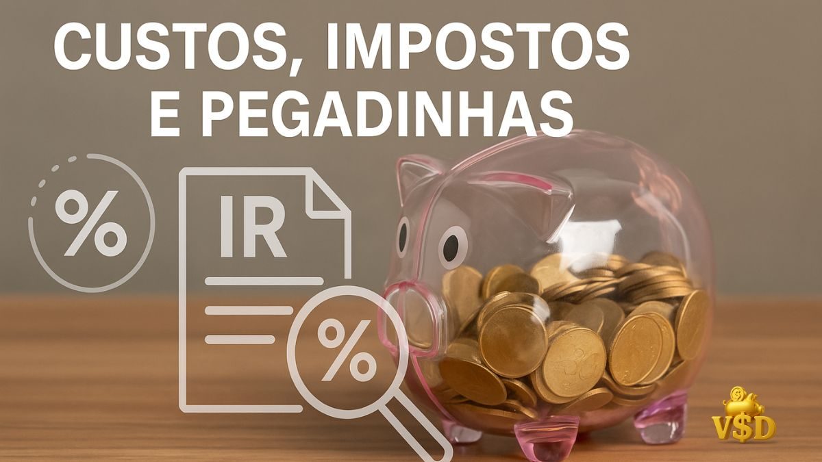 custos-impostos-reserva-de-emergencia Cofrinho transparente com moedas e ícones de porcentagem e imposto, representando custos da reserva de emergência.
