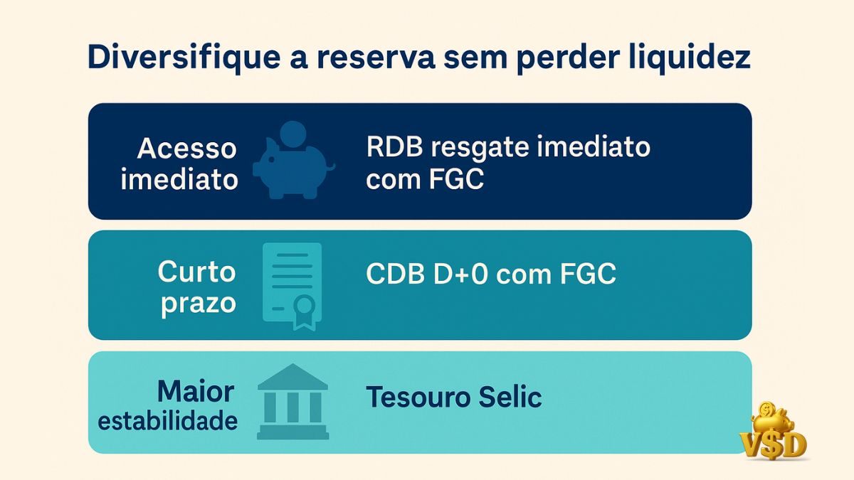 diversificar-reserva-emergencia Estratégia de diversificação da reserva de emergência em diferentes prazos de resgate e tipos de aplicação.