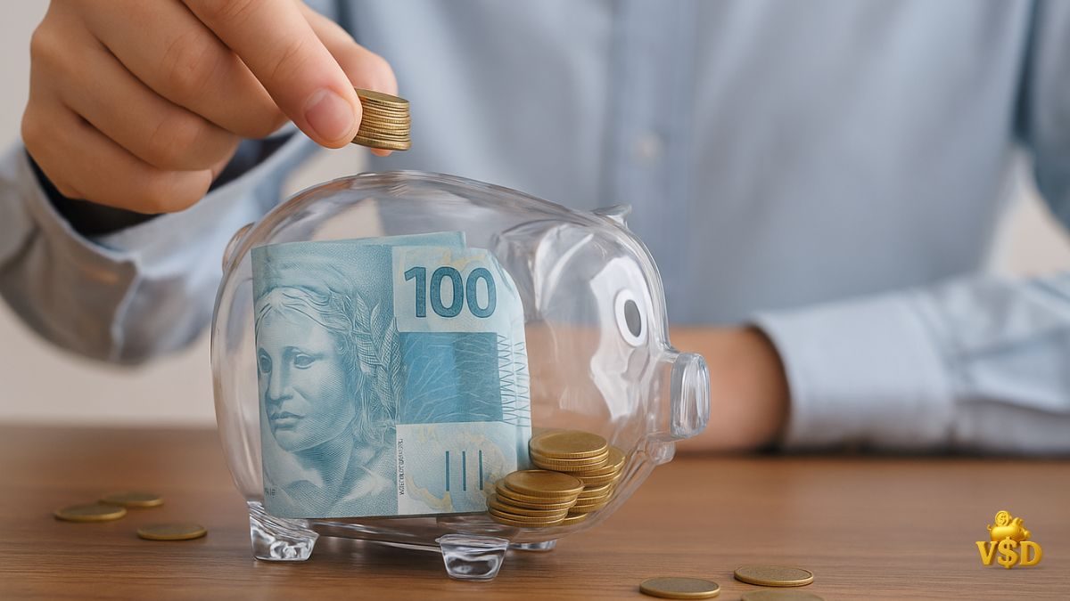 estrategia-financeira-2025 Mão colocando moedas em cofre de porquinho transparente cheio de notas de R$100, representando estratégia financeira sólida em 2025.