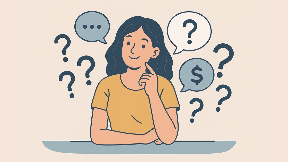faq-ganhar-dinheiro-online Mulher com balões de dúvida ao redor, representando perguntas frequentes sobre como ganhar dinheiro online
