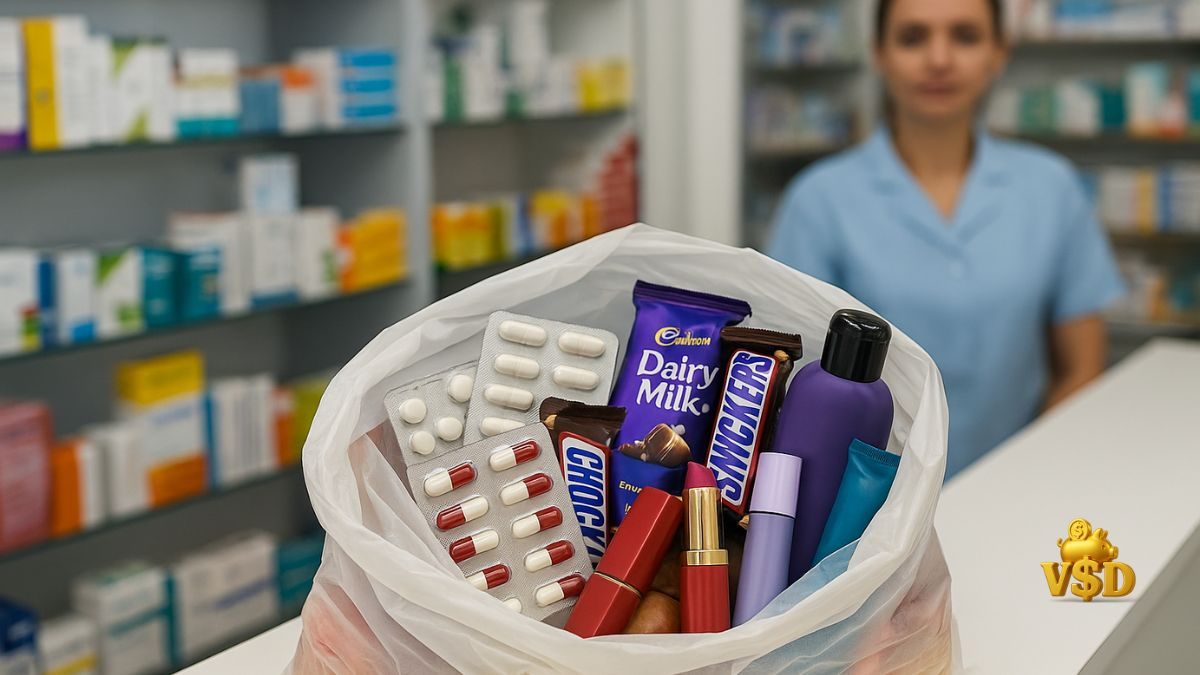 Sacola de farmácia aberta sobre um balcão, com medicamentos e produtos não essenciais juntos, representando gastos por impulso que afetam o orçamento.