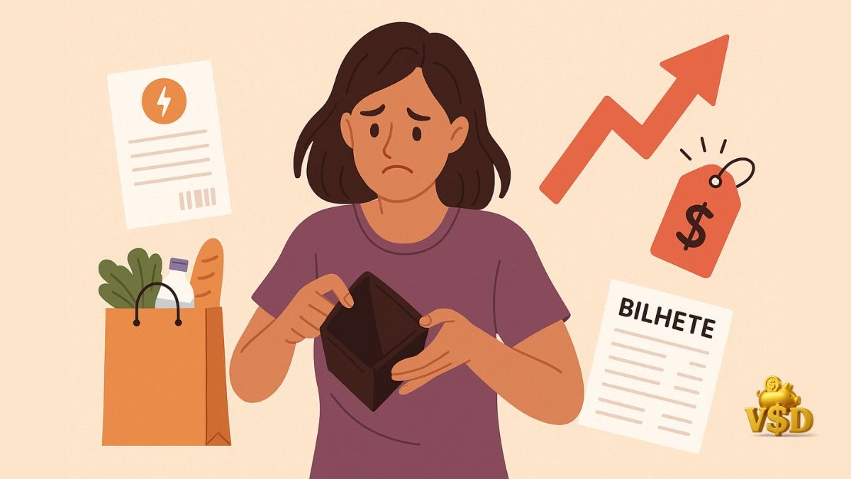 impacto-ipca-no-dia-a-dia Mulher olhando para a carteira vazia, cercada por contas, sacola de mercado e etiqueta de preços subindo