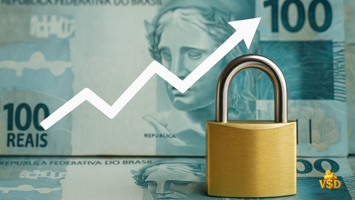 investimentos-2025-protecao-inflacao Gráfico de crescimento em alta com notas de R$100 ao fundo e um cadeado dourado na frente, representando investimentos seguros contra a inflação em 2025.