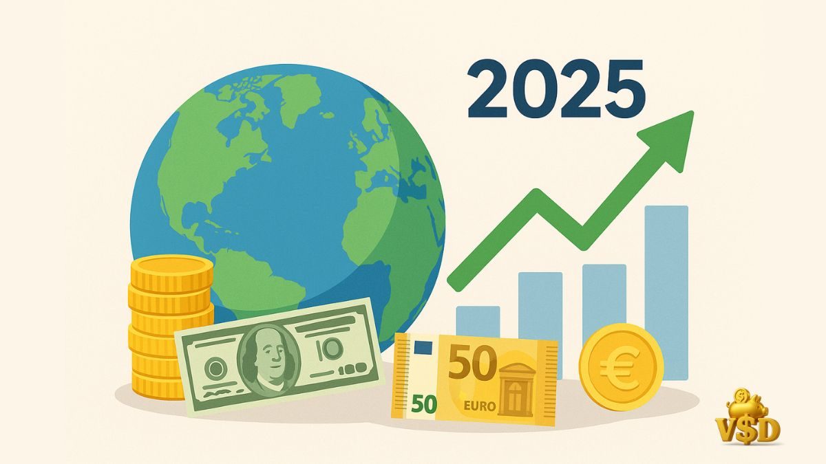 investir-no-exterior-onde-investir-2025 Globo terrestre com moedas e notas representando investimento no exterior em 2025.