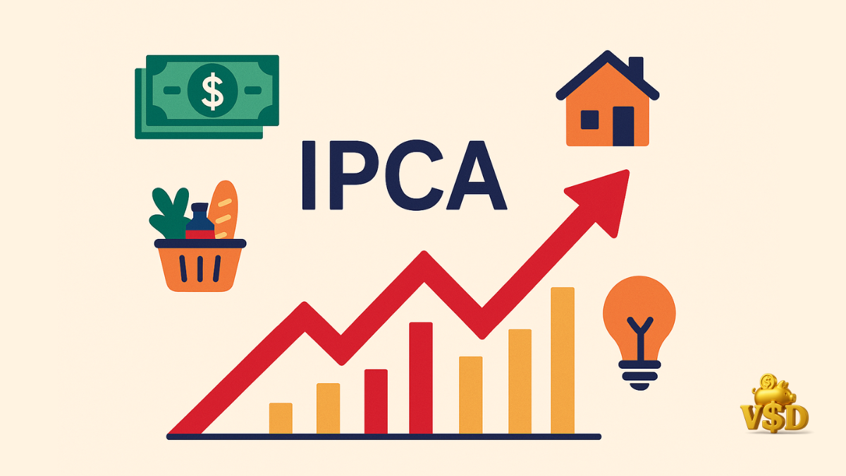 ipca-economica-impacto Gráfico do IPCA subindo com setas vermelhas e ícones de salário, aluguel, supermercado e energia ao redor