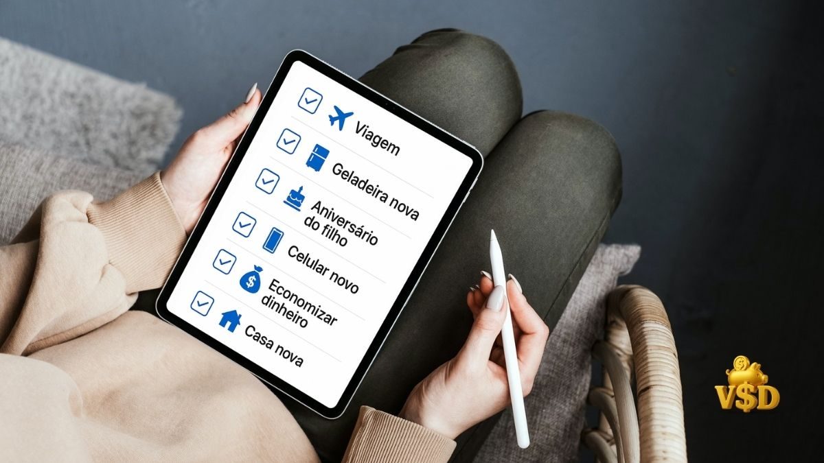 Mulher olhando para o celular com expressão positiva, cercada de elementos visuais que simbolizam prosperidade e abundância.