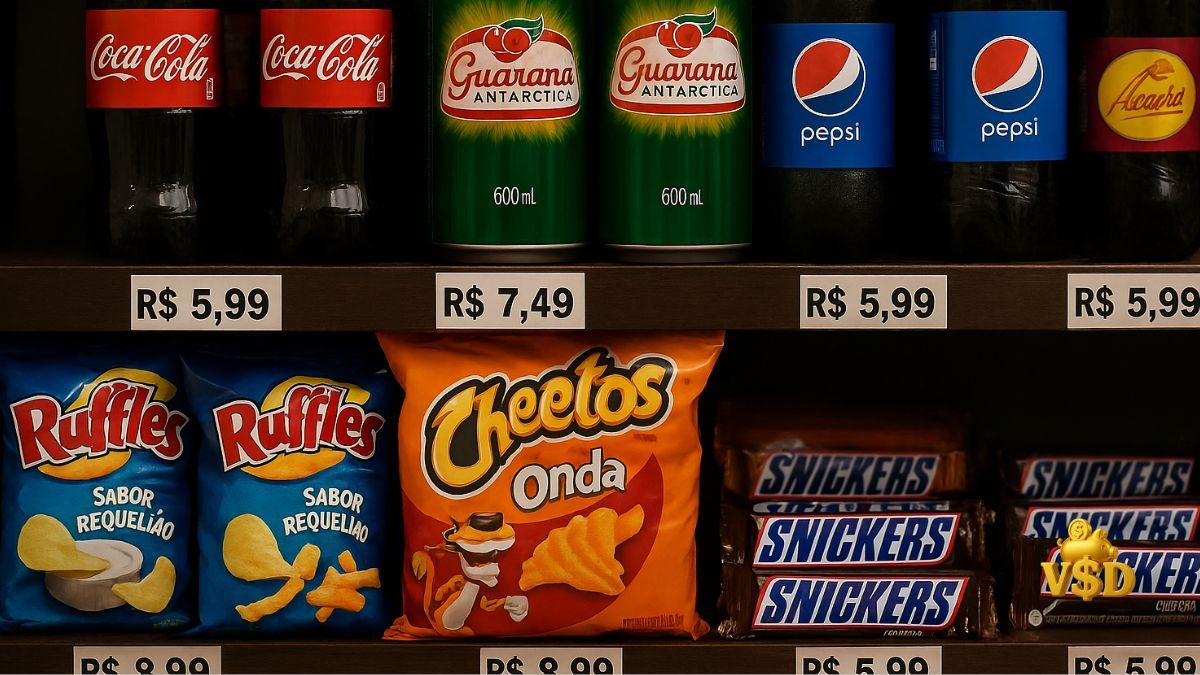 Balcão de loja de conveniência com bebidas e snacks caros, representando compras por impulso que aumentam os gastos mensais.