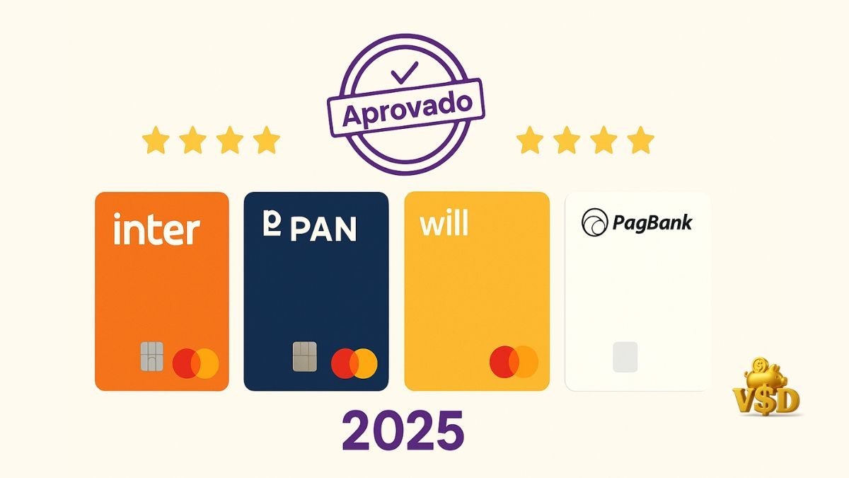 melhores-cartoes-para-negativado-2025 Montagem com os quatro melhores cartões para negativado em 2025: Inter, PAN, Will e PagBank com selo de aprovação.