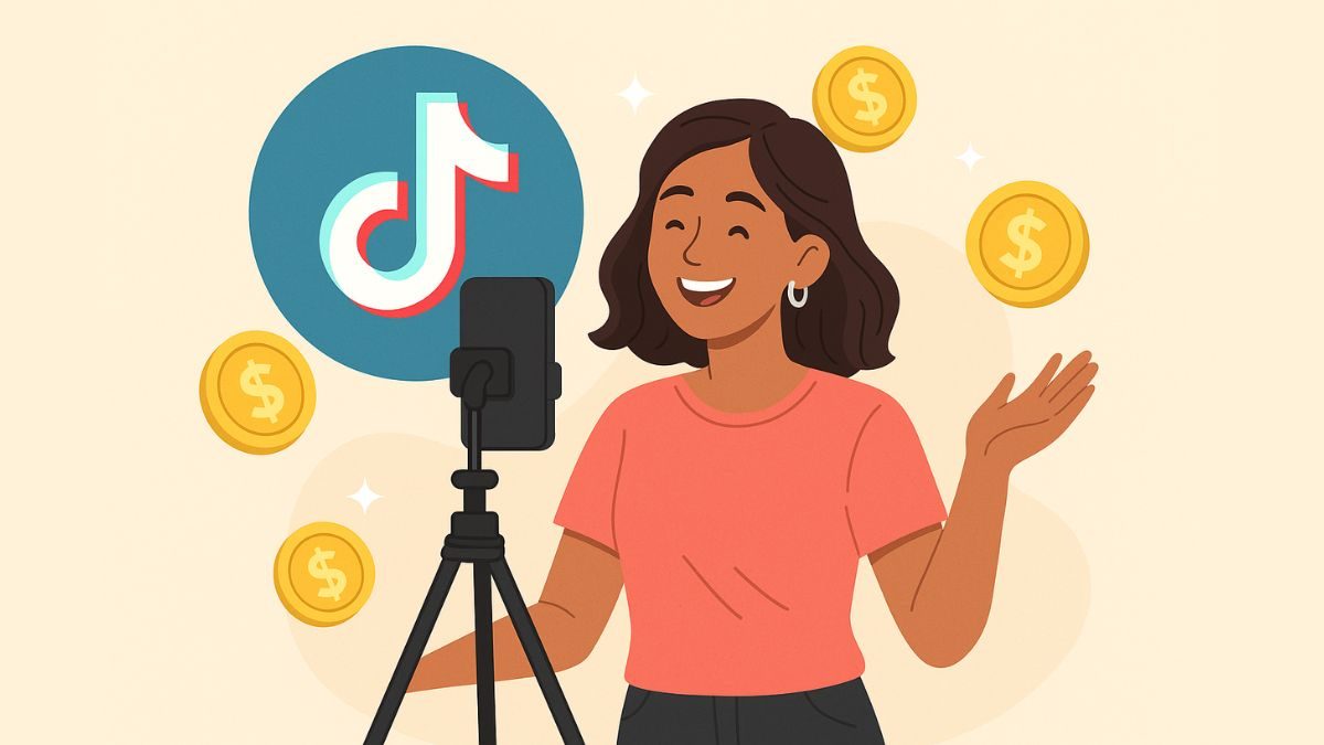 monetizacao-tiktok-como-comecar Mulher gravando vídeo para TikTok com gráfico de crescimento e ícones de monetização