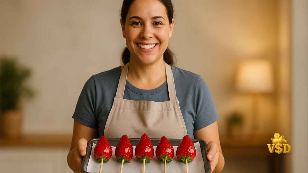 morango-do-amor-receita-e-lucro Mulher sorridente segurando uma bandeja com Morangos do Amor prontos para venda, receita viral que virou renda extra.