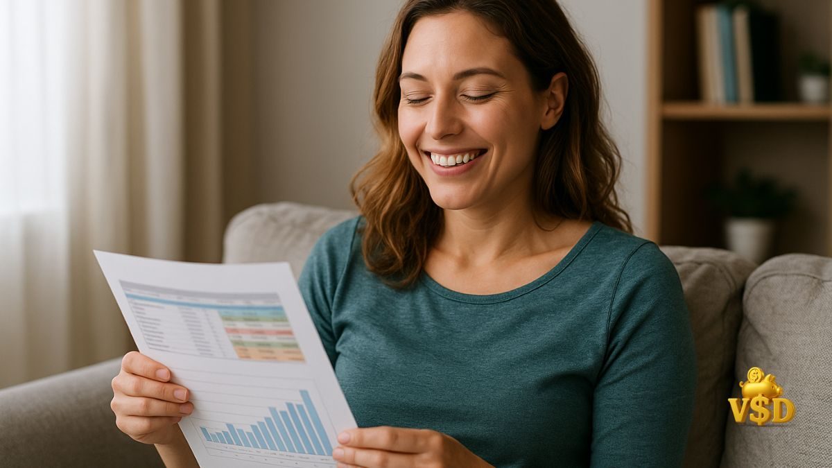 mulher-feliz-controlando-financas mulher sorrindo com planilha financeira no colo e expressão de alívio