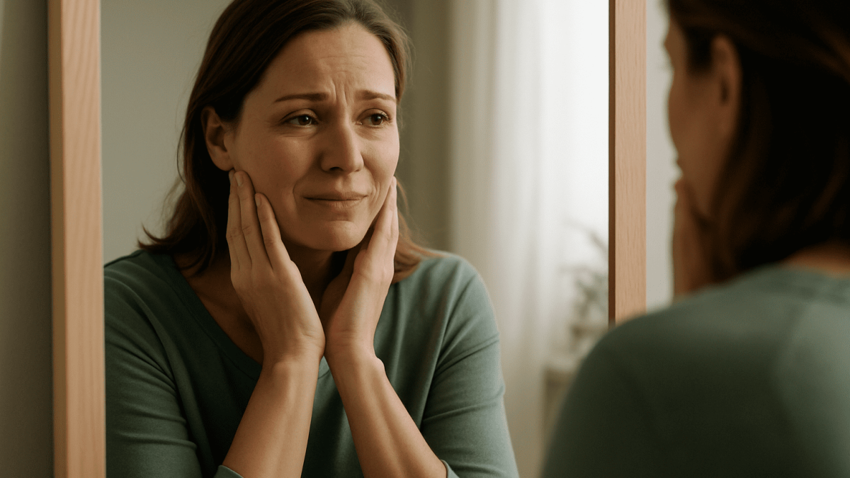 mulher-olhando-no-espelho-emocionada Mulher se olhando no espelho com expressão emocionada, como se estivesse se perdoando ou reencontrando sua força.