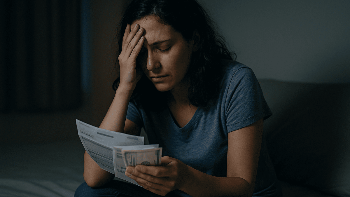 mulher-sozinha-triste-com-contas.jpg Mulher sentada na cama, à noite, segurando boletos e com expressão de cansaço e tristeza como sair das dívidas ganhando pouco