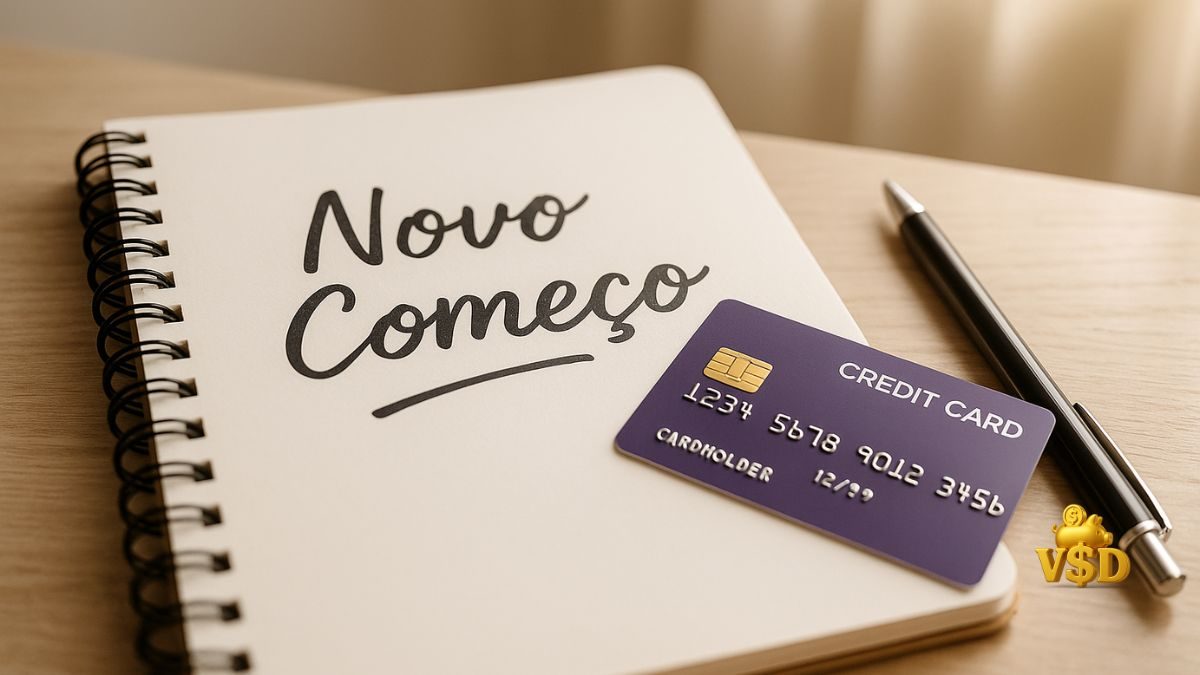 novo-comeco-com-cartao-de-credito Caderno escrito “Novo Começo” com cartão de crédito ao lado e luz suave iluminando a mesa.