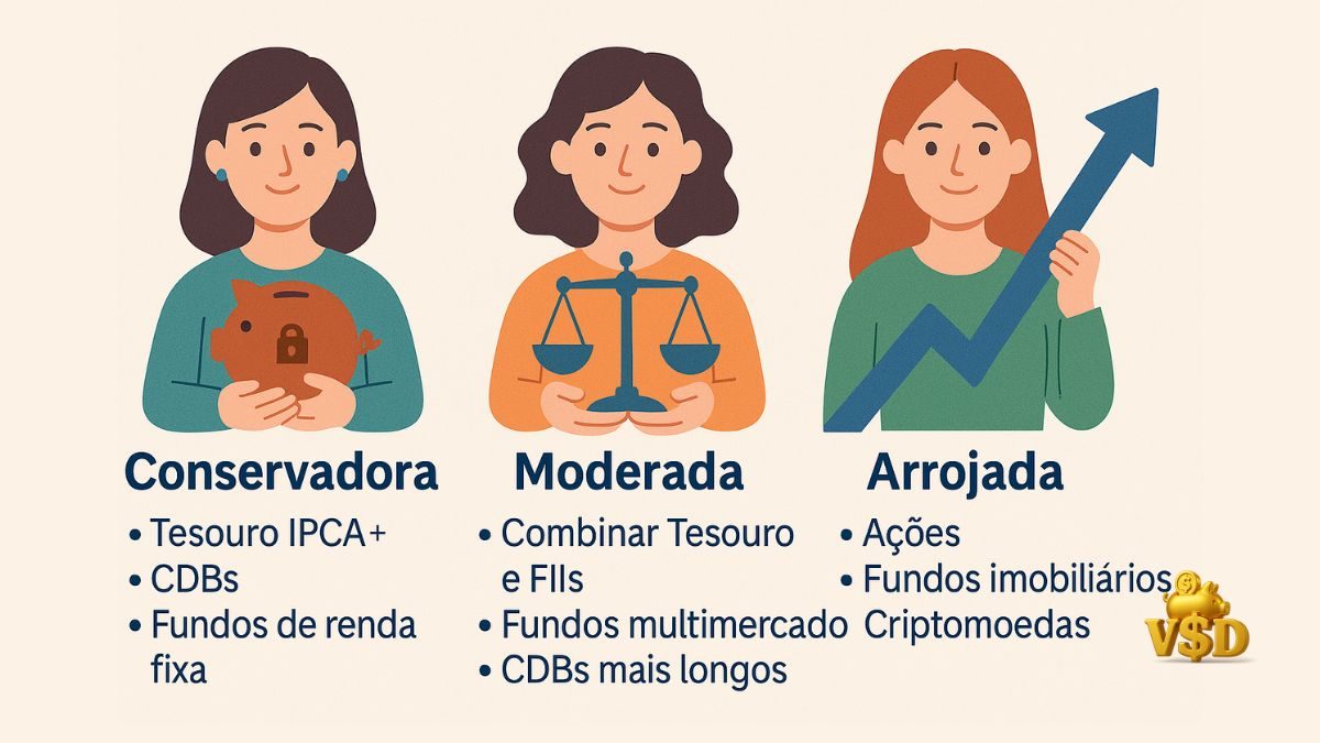 perfil-investidora-conservadora-moderada-arrojada-2025 Ilustração representando os perfis de investidoras: conservadora, moderada e arrojada, com destaque para os tipos de investimento que combinam com cada uma.
