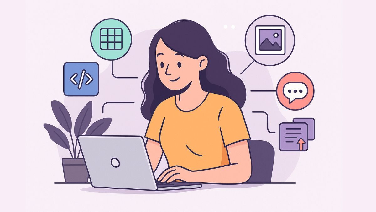 plataformas-freelancer-confiaveis Mulher no notebook com ícones de tarefas de freelancer como texto, design e planilha ao redor
