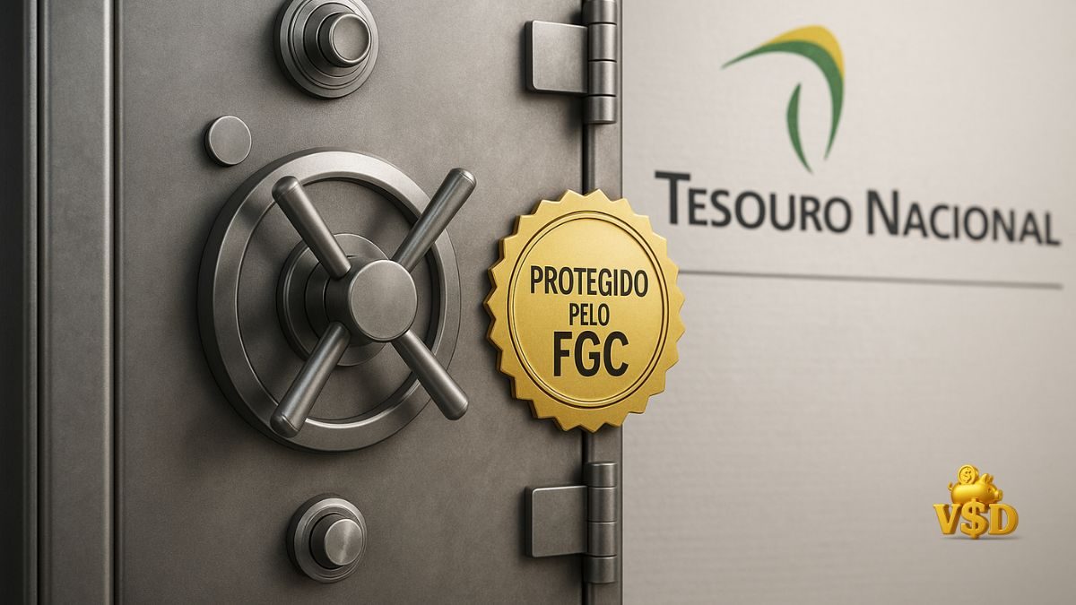 seguranca-fgc-tesouro-selic-reserva Cofre com selo FGC e referência ao Tesouro Nacional, simbolizando segurança da reserva de emergência.