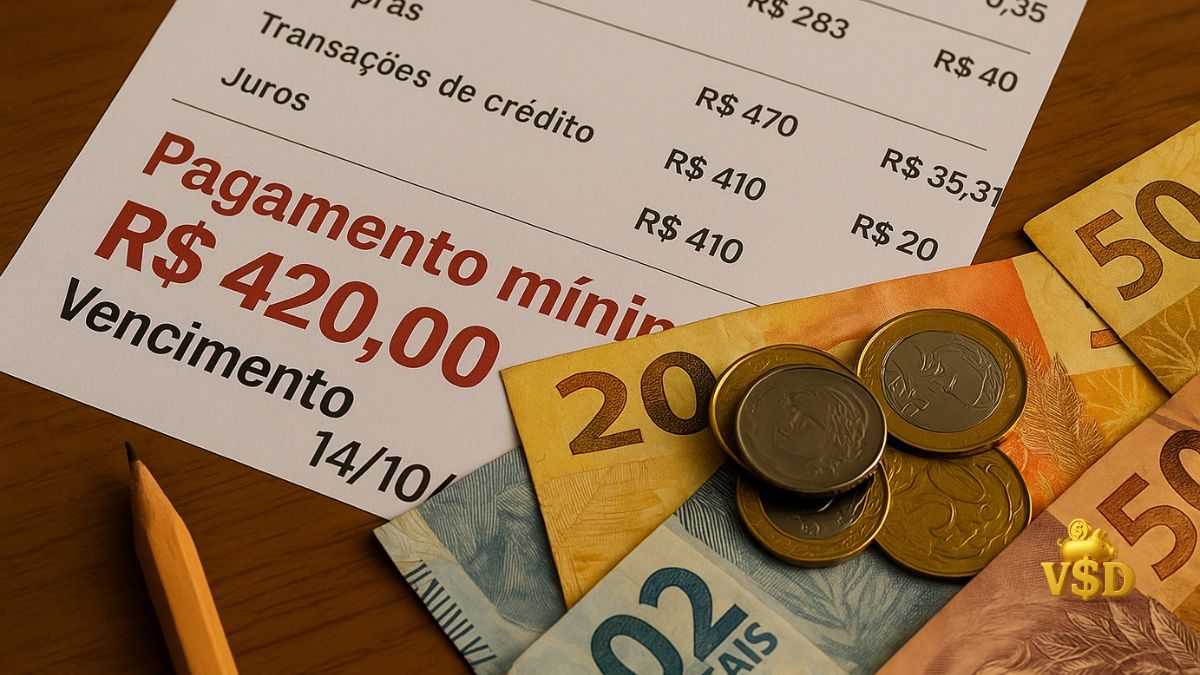 Fatura de cartão de crédito com valores destacados ao lado de dinheiro, representando tarifas e juros que comprometem o salário.
