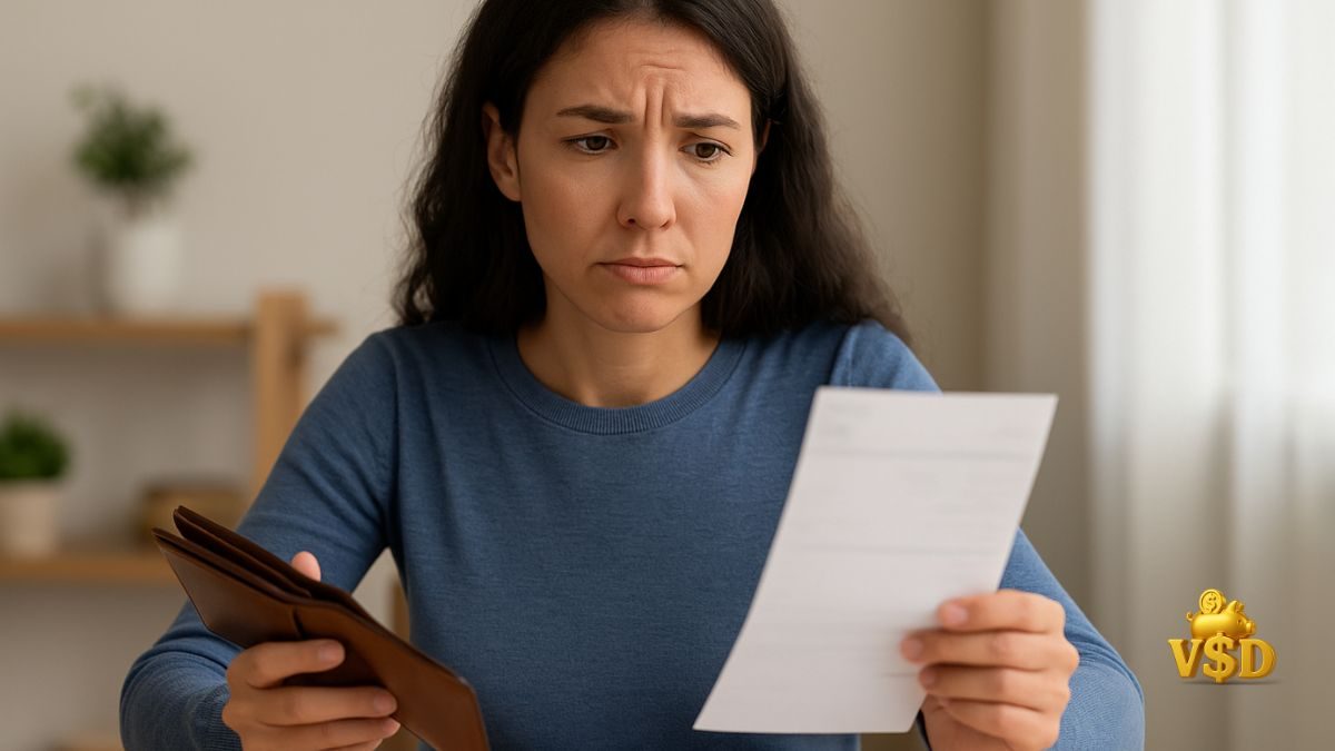 taxa-selic-como-afeta mulher segurando carteira e olhando boletos com dúvida sobre economia