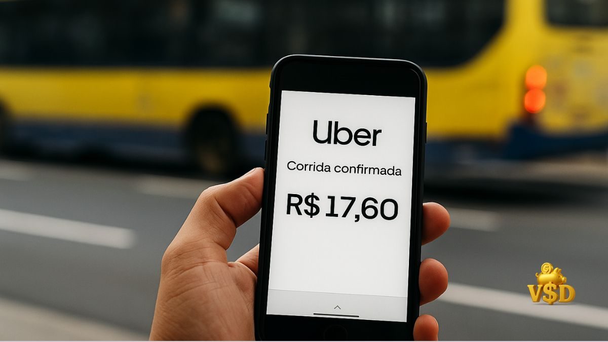 Pessoa segurando um celular com o aplicativo da Uber aberto mostrando o valor da corrida, com um ônibus passando ao fundo, representando gastos com transporte por aplicativo.