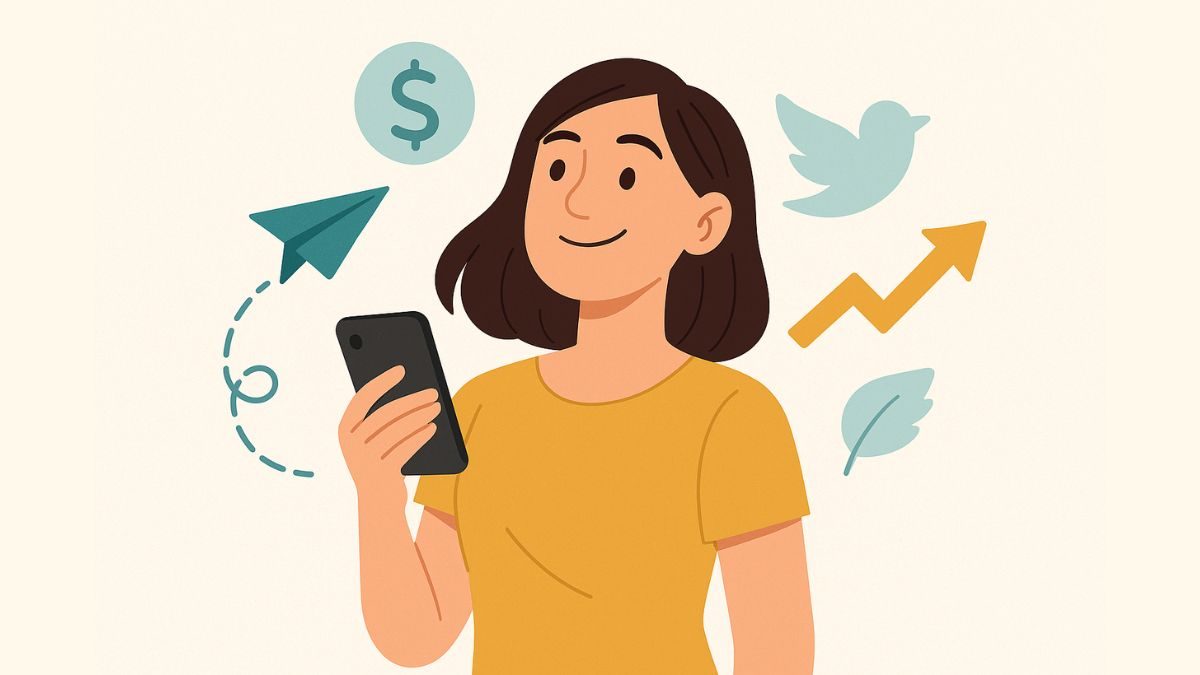viver-sem-divida-comecar-do-zero Mulher confiante com celular e ícones de crescimento e liberdade financeira ao fundo